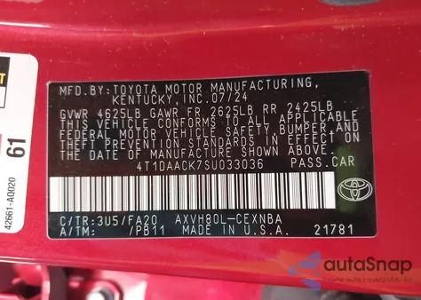 2025 Toyota Camry Le из США, поврежденный, VIN 4T1DAACK7SU033036